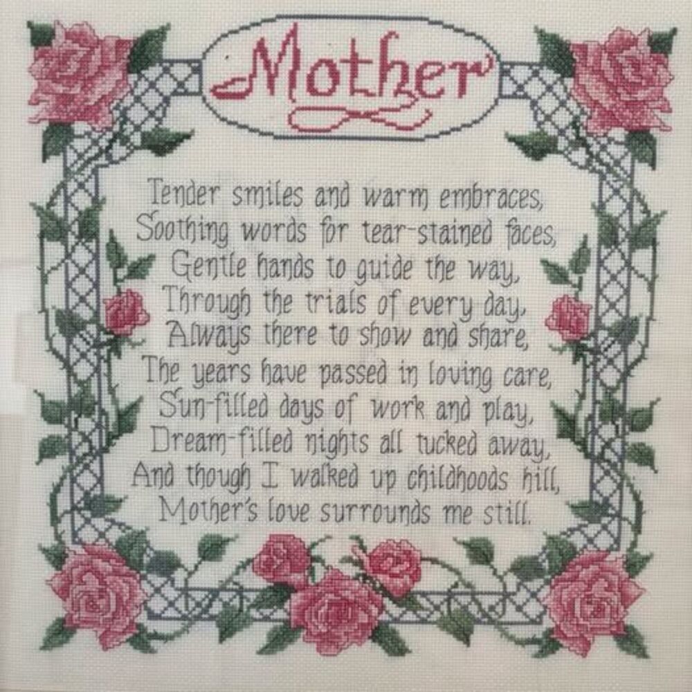 🌸 LARGE Vintage Framed "Mother" Cross Stitch - 20.5" Sq
